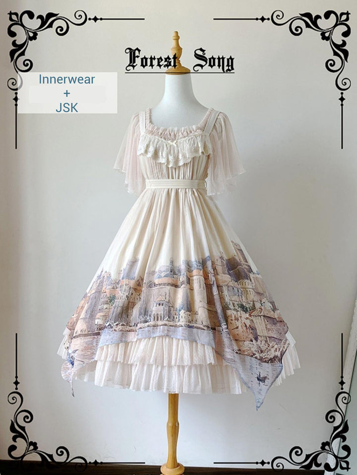 Forest Song - Adriatic - Classic Lolita JSK Chiffon Dress, Gulf City Print
