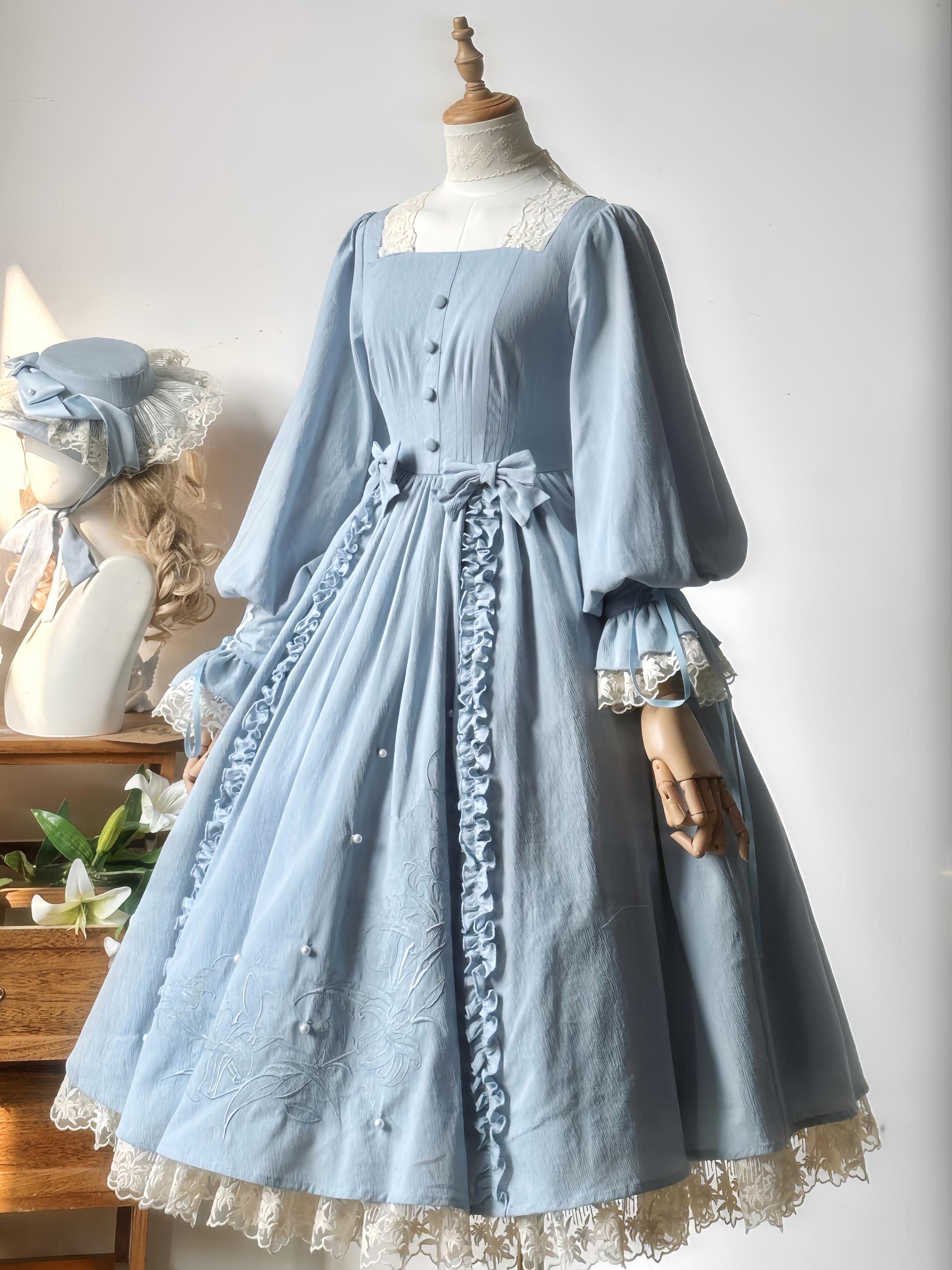 Moonlit Lily - Cotton Classic Lolita OP Dress, Lily Embroidery Blue - OP (with 2 small waist bows + a lace choker) S