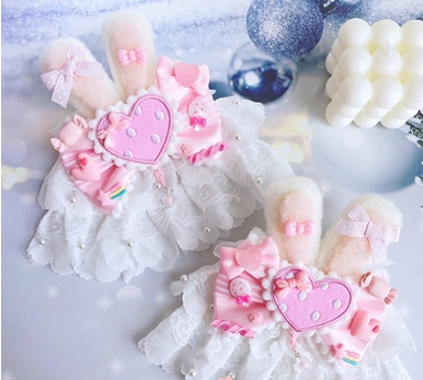 (Buy for me)Sweetheart Endless~Sweet Lolita Lace Rabbit Ears Cuffs Multicolor a pair of big rabbit ears and heart pink cuffs  