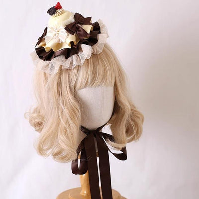 Xiaogui~Kawaii Lolita Hairpin Lace Cake Small Top Hat Milk yellow-coffee with ivory gauze  