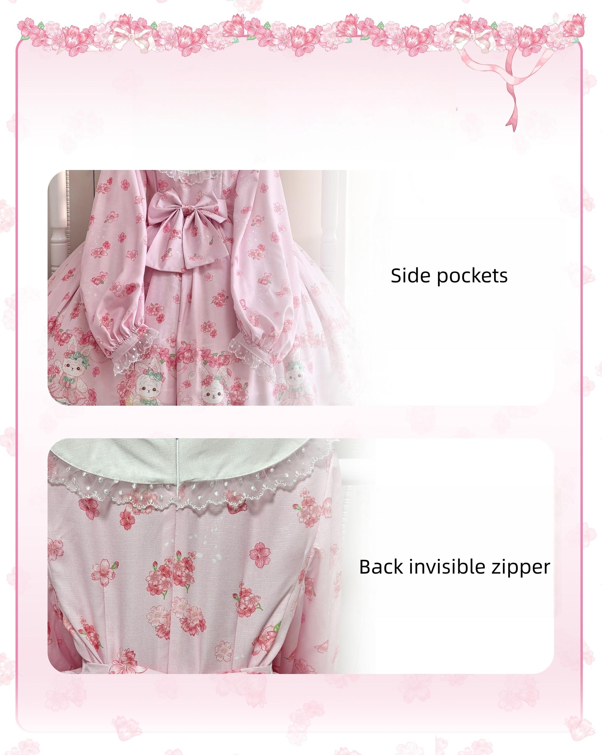 Sakura Bunny - Kawaii Lolita Sakura Print OP Dress, Side Pockets 44392:806413