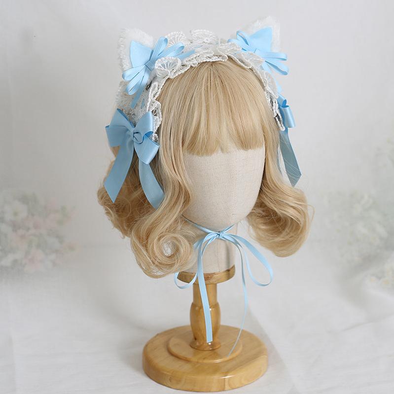 Xiaogui~Sweet and Lovely Lolita Cat Ear Bow Headband light blue cat ear hairband  