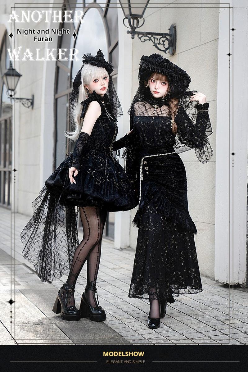 Another Walker~Night and Night Furan~Gothic Lolita Fishtail Skirt Set Black Lolita Set 37758:573400
