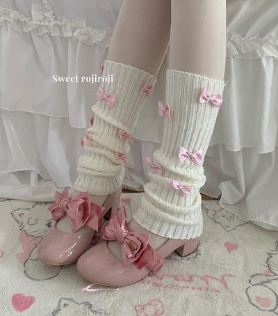 Roji roji~Cotton Lolita Socks Japanese Winter Loose Socks Pink Bow Leg Warmer   