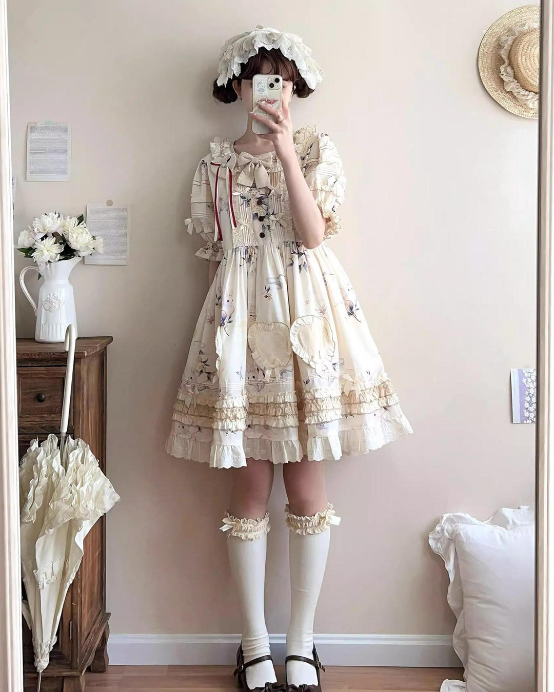 Uncle Wall Original~Bay Rabbit's Tale~Sweet Lolita OP Dress Floral Print S Short OP 