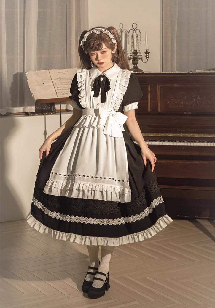 Sweet Date~Halloween Gothic Lolita OP Maid Lolita Dress Elegant Lolita OP S Short-sleeved OP + hairband + petticoat+apron 