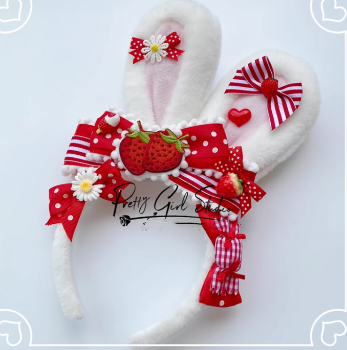 Pretty Girl Lolita~Sweet Lolita Red-Black DIY Strawberry Headdress a red rabbit ear KC  