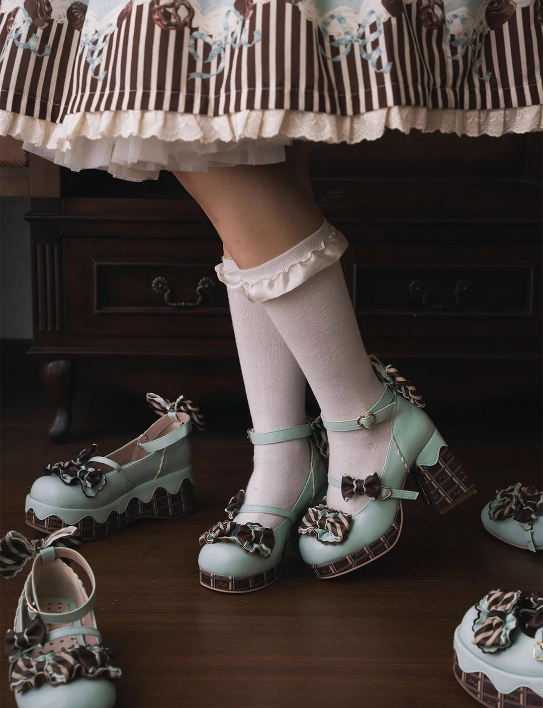 Sheep Puff~Layered Pastry~Sweet Lolita High Heel Shoes Chocolate Prints Shoes