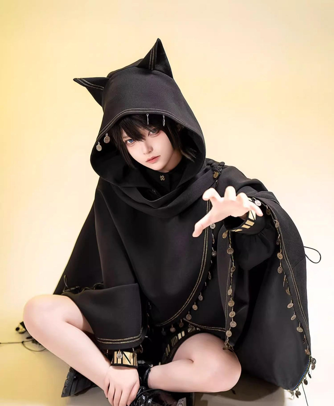 Princess Chronicles~Black Cat~Black Ouji Lolita Cape with Cool Cat Ear Hood