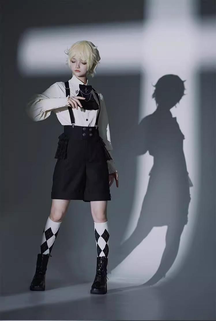 CastleToo - Night Raven Magic - Ouji Lolita Dress Set Prince Suspender Shorts Cape One Size Black and white diamond patterned calf socks