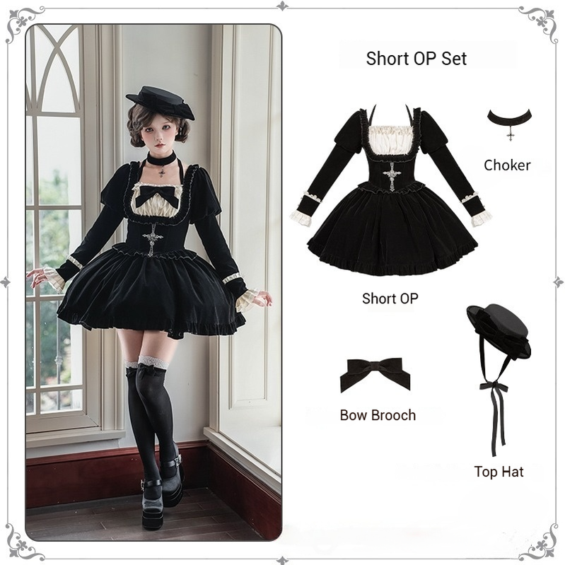 With PUJI - Apocalypse - Gothic Lolita Velvet OP Dress Set, Fishbone Waist (L M S) 44128:797389