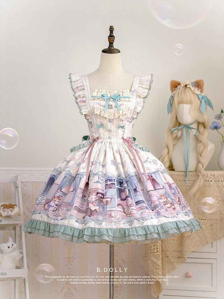 Baduoni~Dream Core Childhood~Kitty Printed Sweet Lolita JSK with Cute Headband JSK Only S