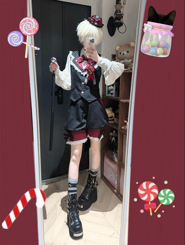 Candy Shop - Ouji Lolita Vest Set, Ruffle Hem Bow Shorts 45061:832832