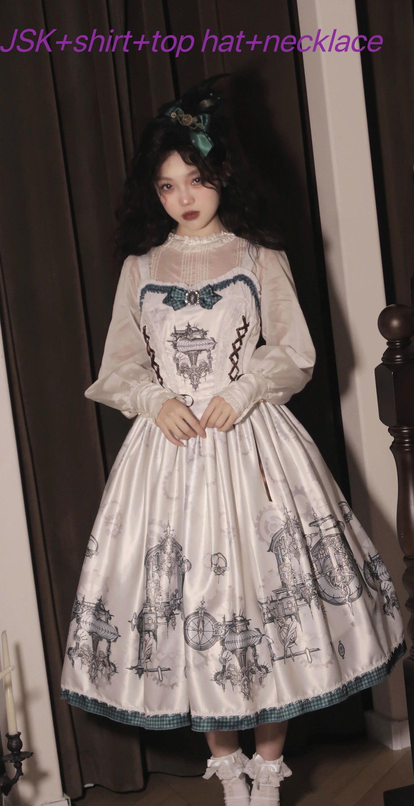 (BFM)Cat-Romance~Steam Belle~Lolita JSK Dress Embroidery Dress Set Free Size Innerwear+JSK+Top Hat+Necklace 