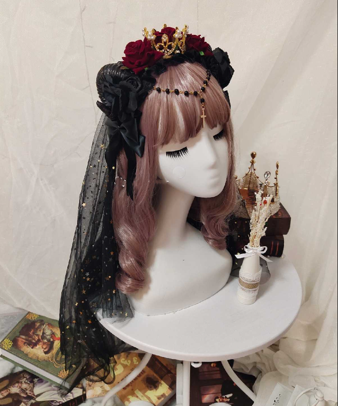 Yu Xixixi - Gothic Lolita Rose Crown KC with Veil Pendant Customized Red-black (golden crown)