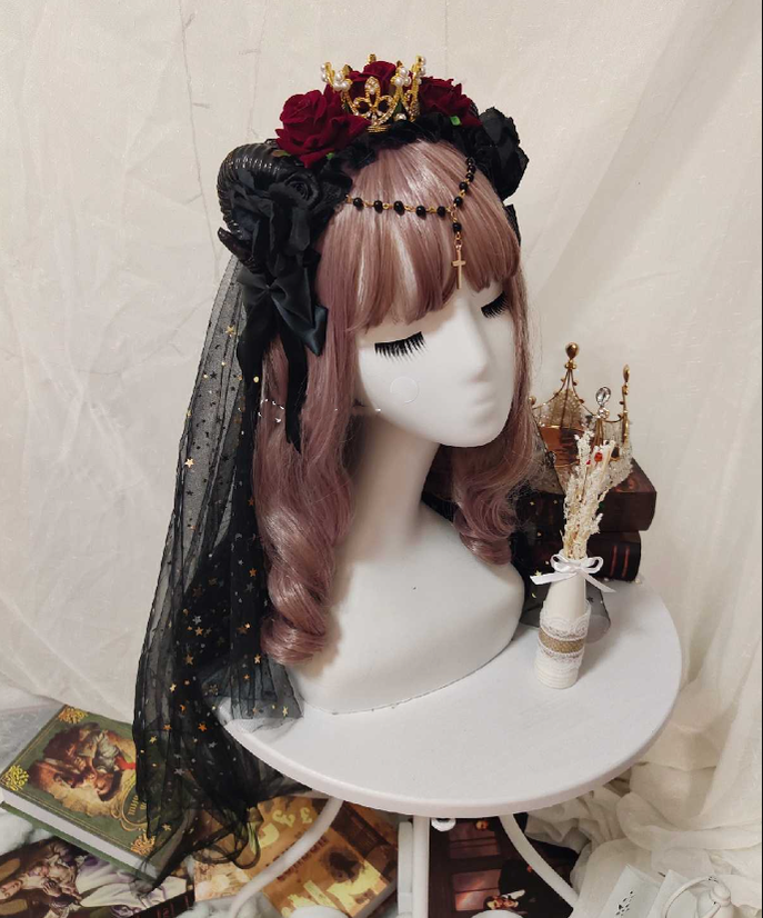 Yu Xixixi~Gothic Lolita Rose Crown KC with Veil Pendant Customized red-black (golden crown)  