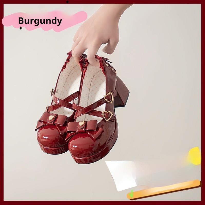 Milk Bun Bunny - Sweet Lolita High Heel Bow Princess Lolita Shoes Burgundy 34