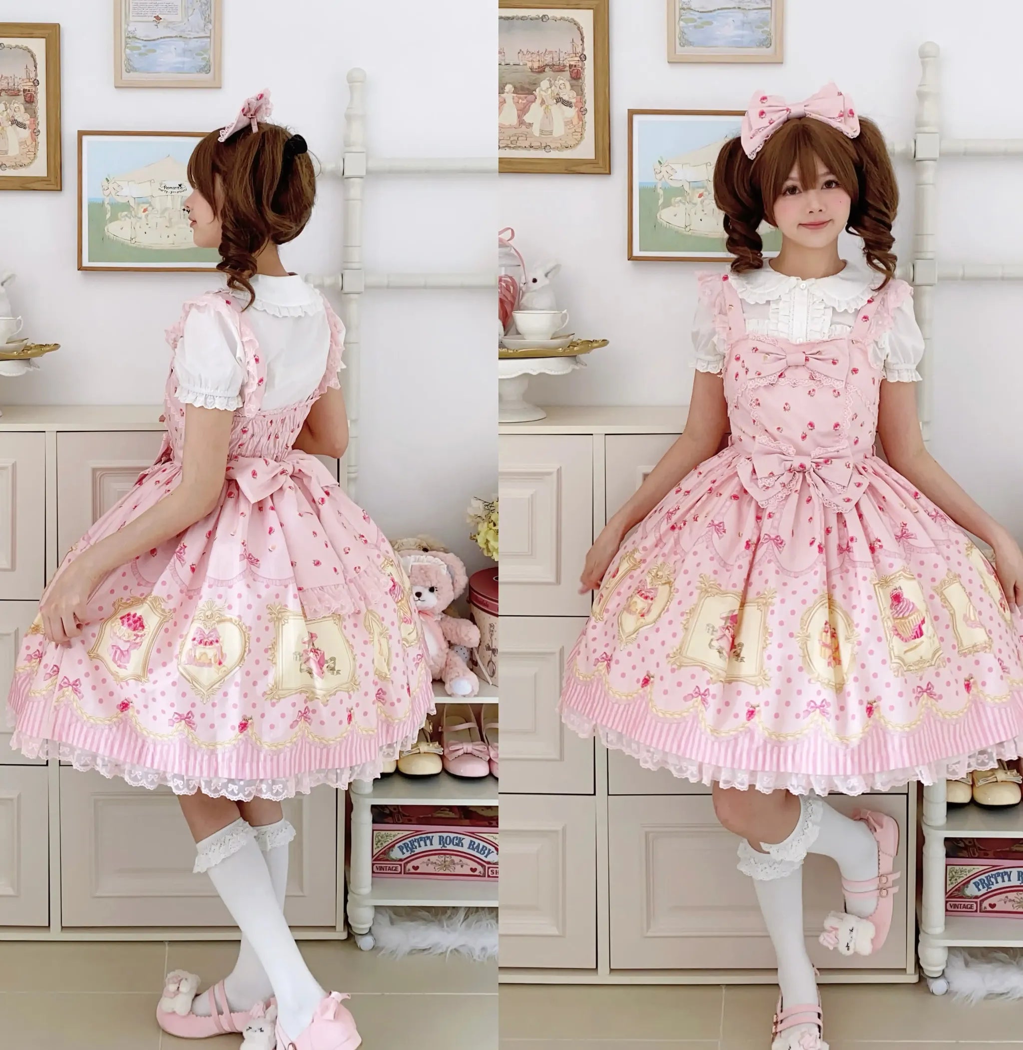 Pink Jade Strawberry - Sweet Lolita Strawberry Print JSK & OP Dress with Lace 45278:845332