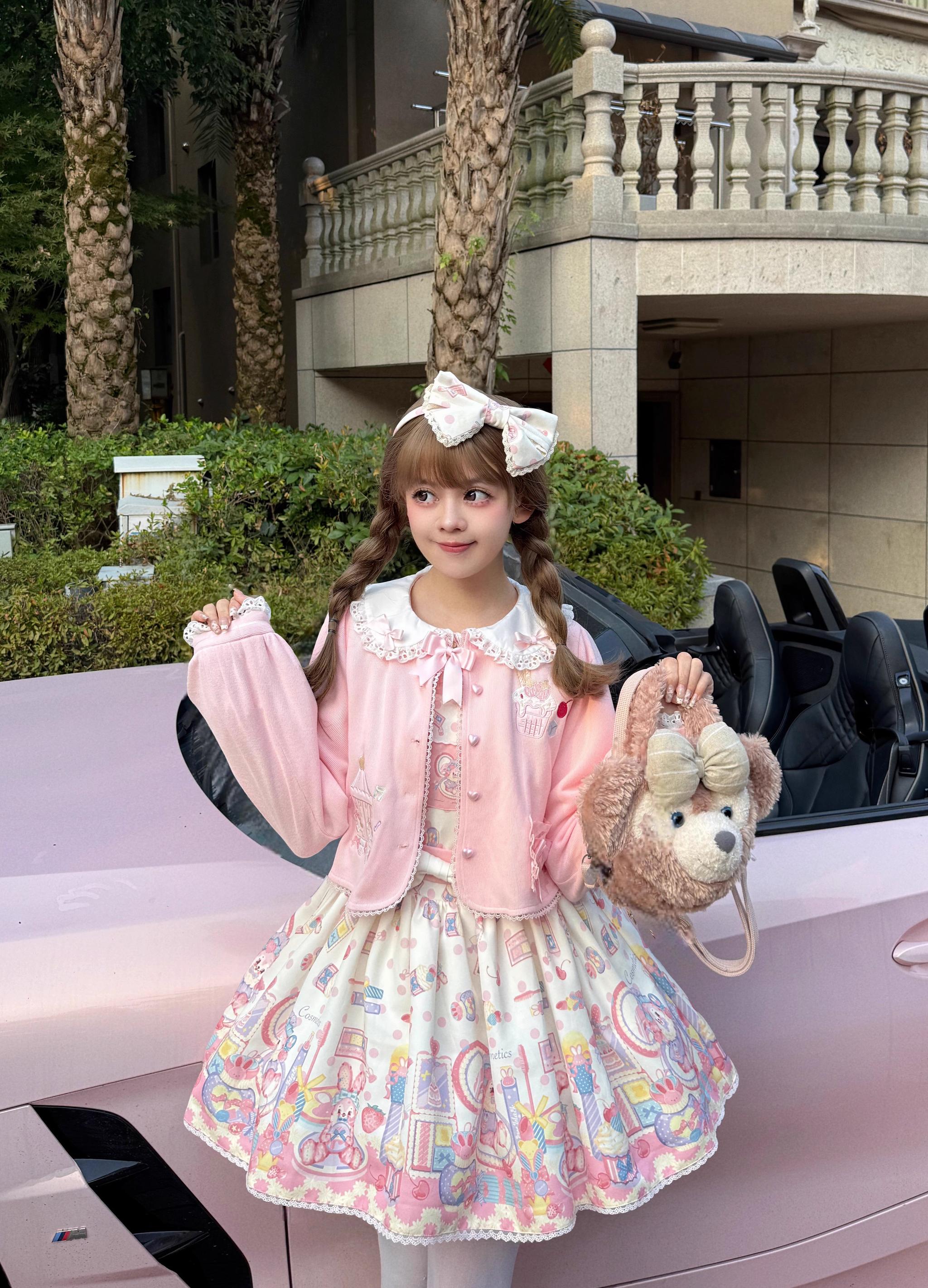 Pink Embroidered Kawaii Lolita Cardigan, Cotton knitted