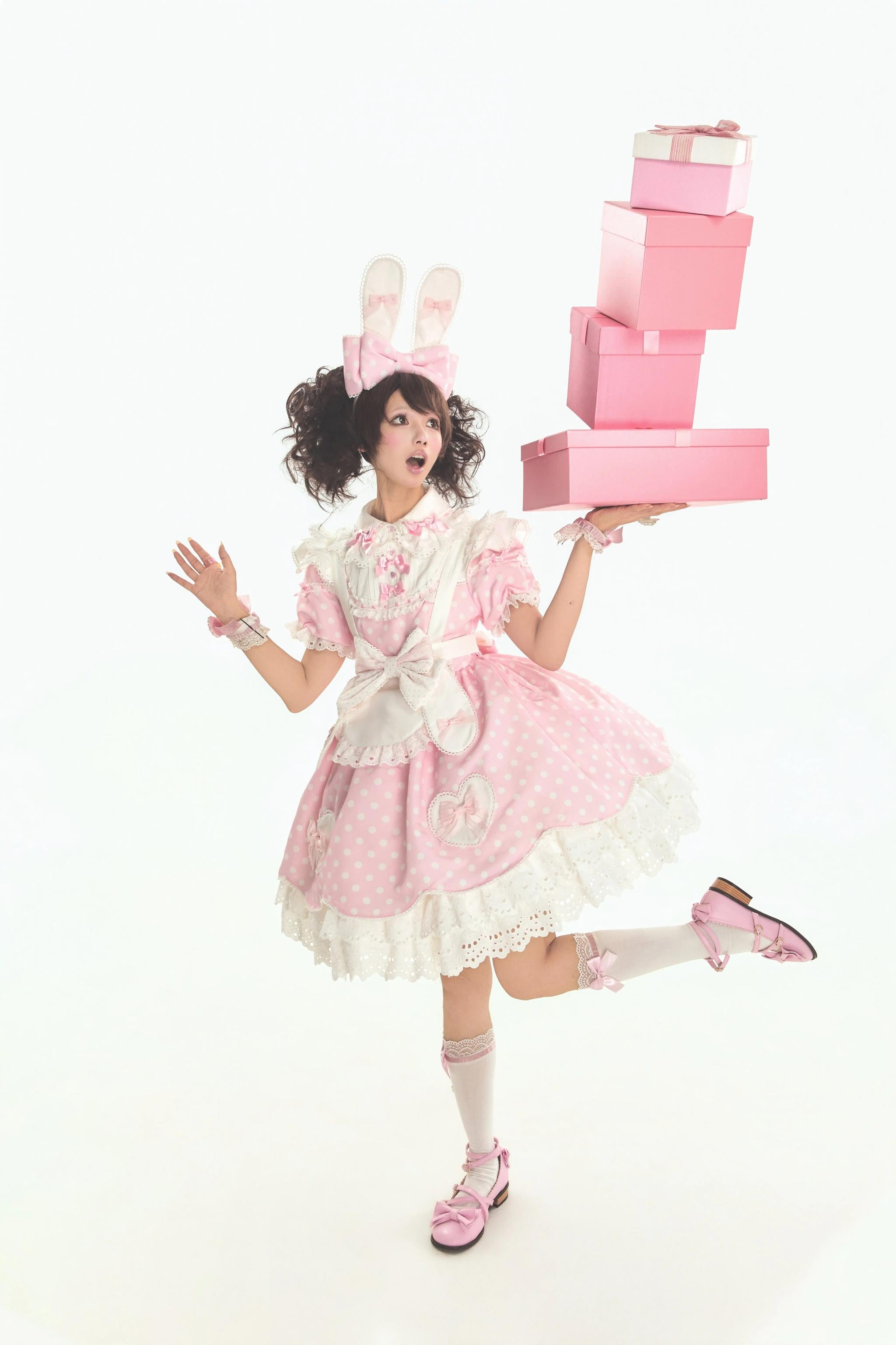 Bunny Kissaten - Four Colors Old School Lolita Polka Dot OP, Bunny Ear Apron 45824:864361