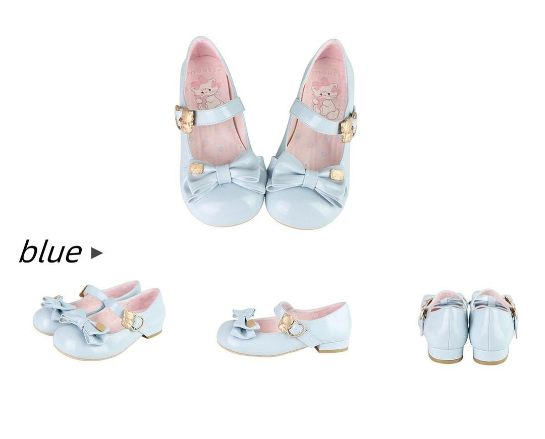 Sheep Puff~Mikko Hug~Sweet Lolita Shose Round Toe Lolitta Heels Butterfly Bow 34 Blue low heels 