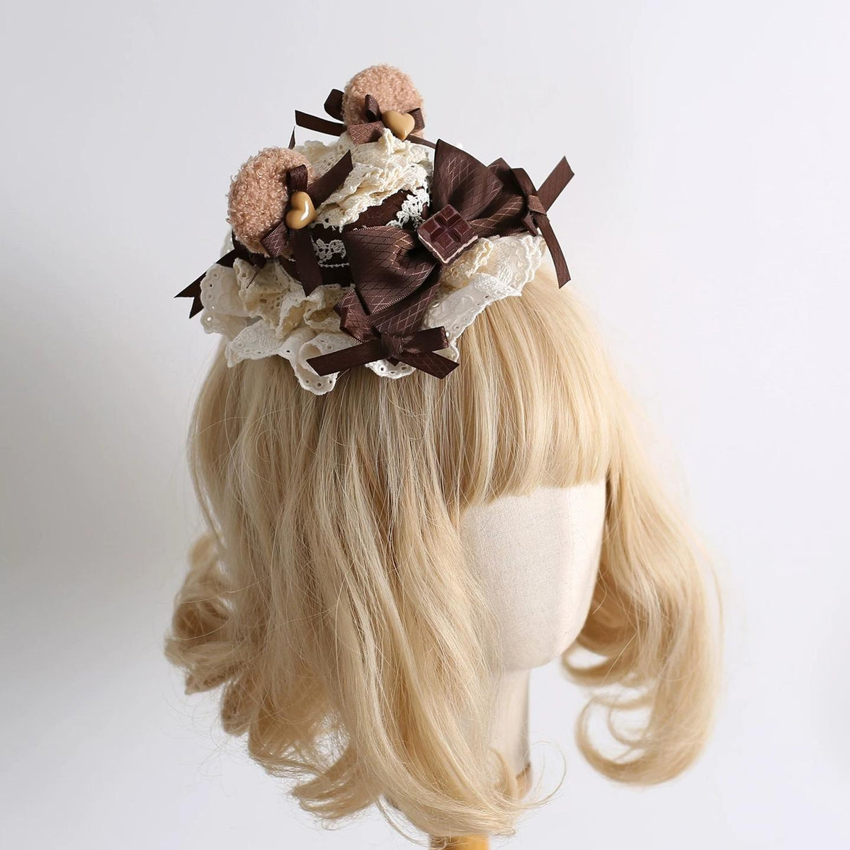 Coffee Brown Kawaii Lolita Hairband Accessory Set, Lace & Bear Ears 46088:874539
