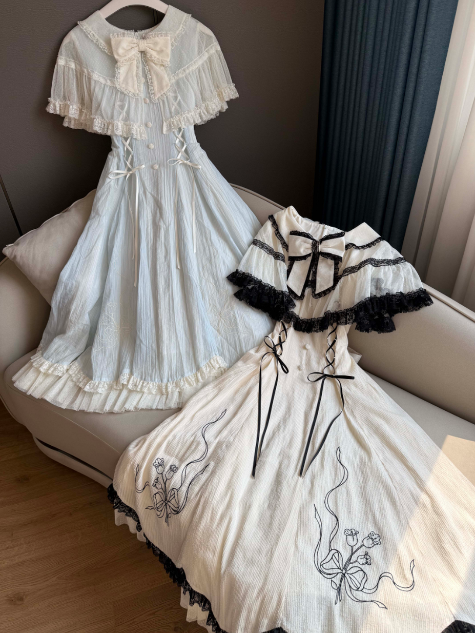 Kuma~Little Wind Chime~Elegant Lolita OP Water Blue Dress With Decorative Tulle Cape