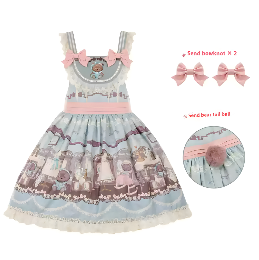 With Puji~Brown Doll House~Kawaii Lolita Brown Print JSK and OP Dress