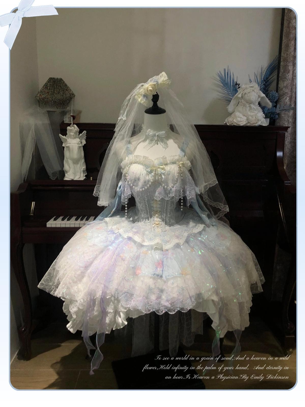 Qianmu - MermaidTears - Wedding Lolita JSK Dress, Ocean Theme JSK + Head veil + Cuffs + Choker S