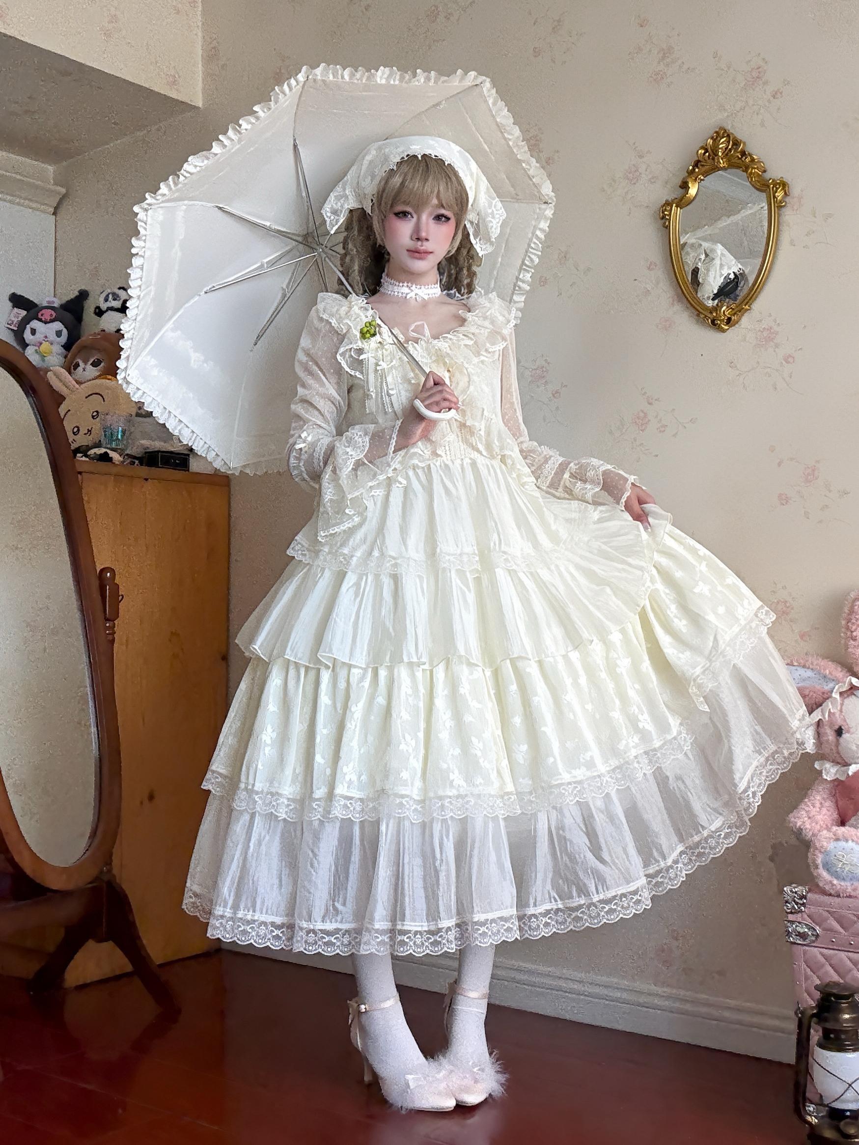 Classic Lolita Foldable Sunscreen Parasol with Ruffles Ivory Parasol (with transparent UV coating)