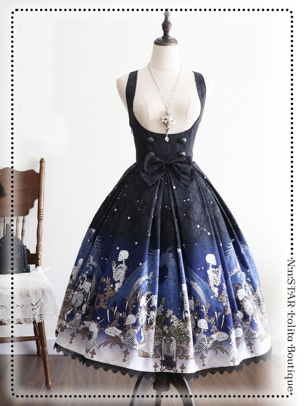 Nn Star - Dragonbone Lily - Dragon Skeleton Print Gothic Lolita Bust-supporting JSK and BNT (L M S XL) 42664:748599