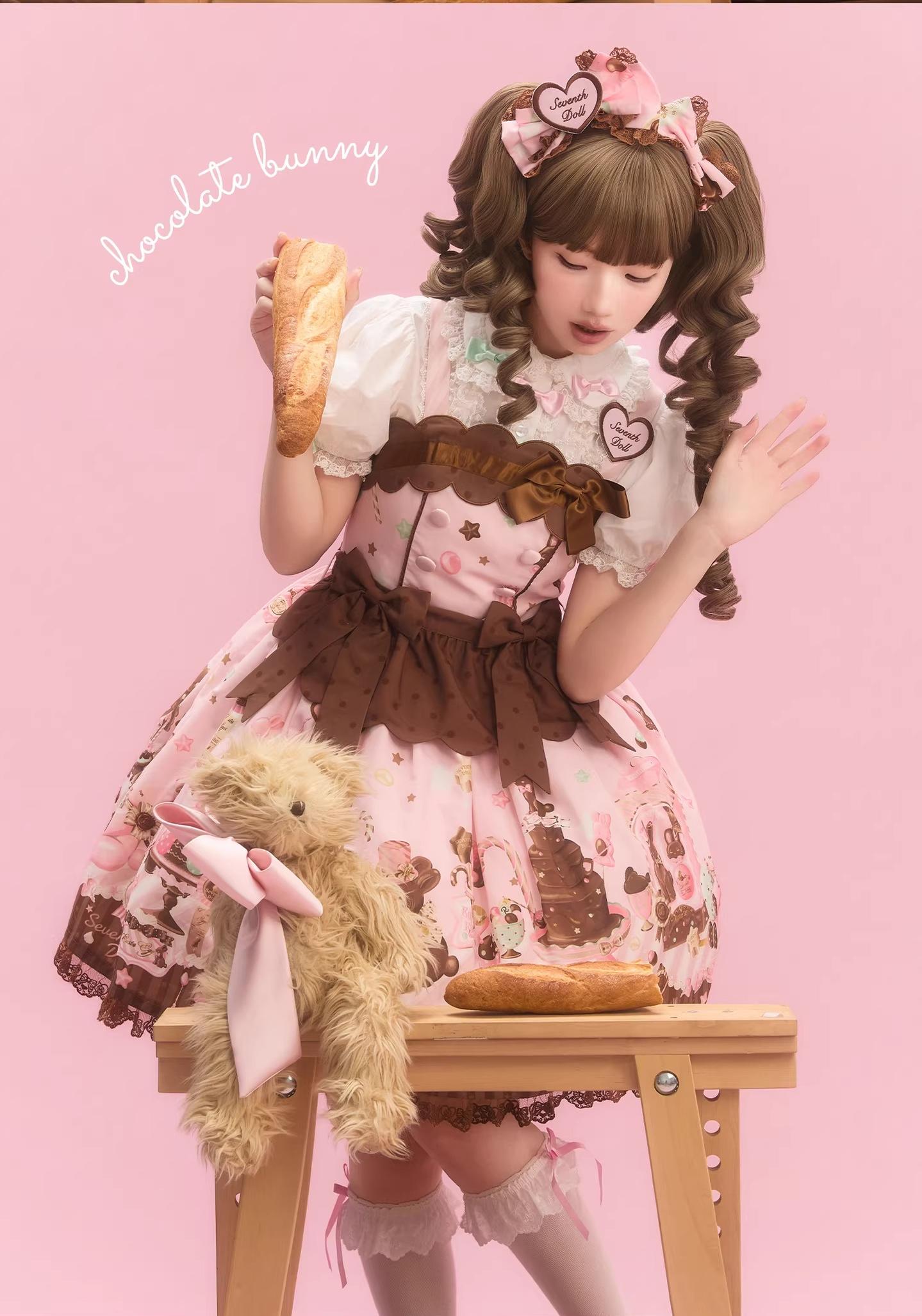 Chocolate Bunny - Printed Kawaii Lolita JSK, Short-sleeved Dress
