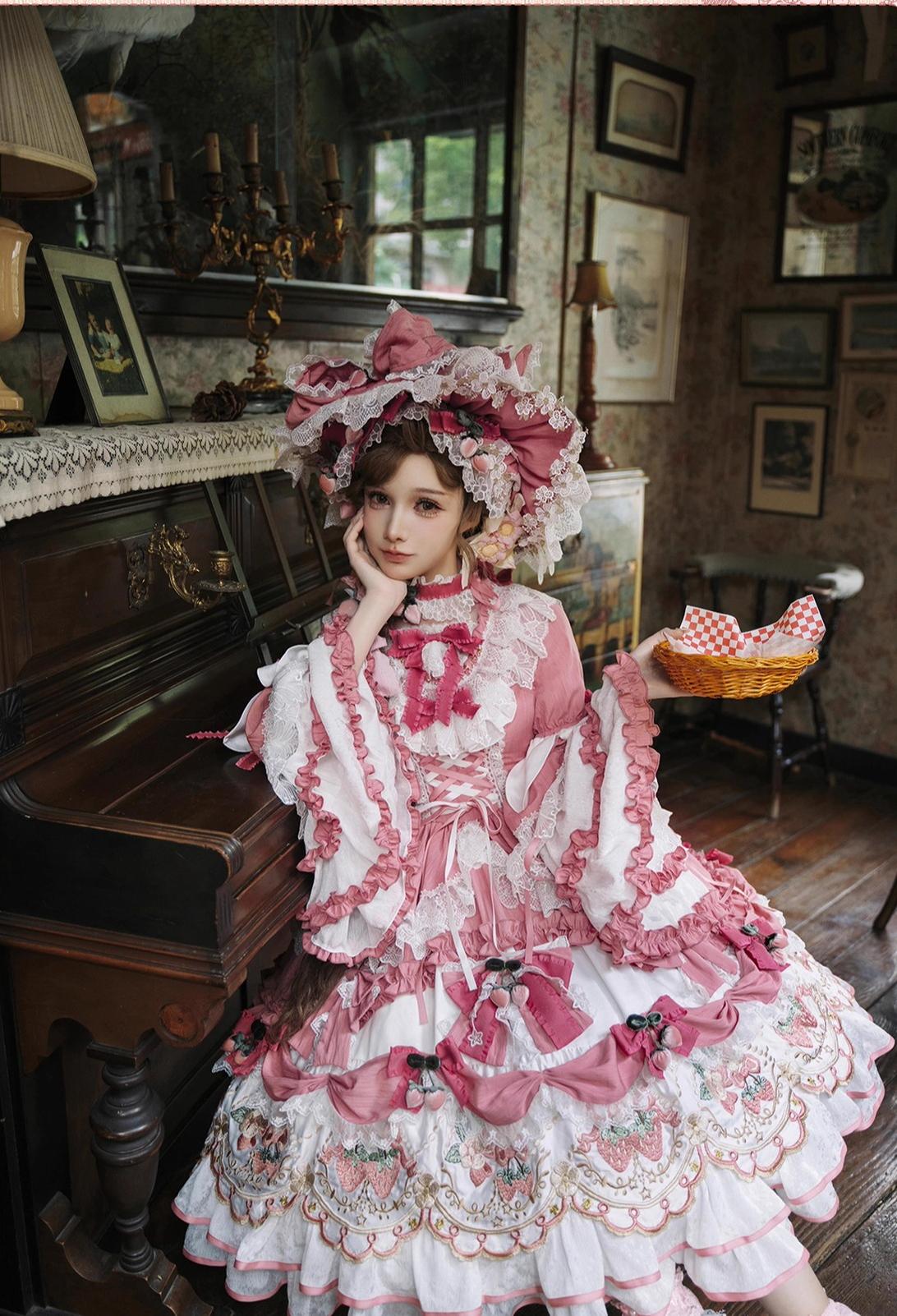 Bramble Rose - Starryberry Eden - Hime-sleeved Sweet Lolita Dress, Strawberry Embroidery 44262:801216