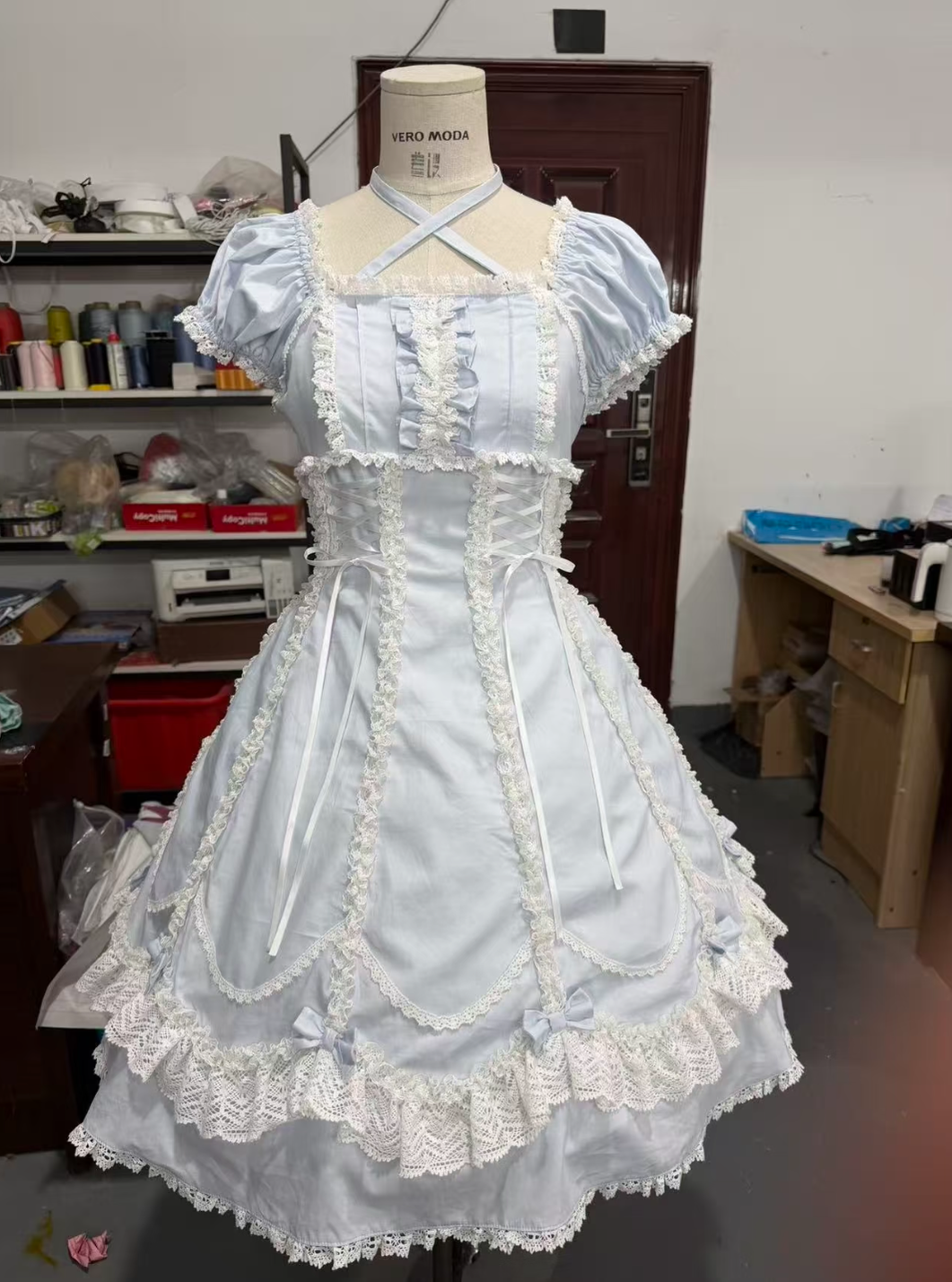 Cotton Old School Lolita Lace OP Dress, Three-tiered Back Blue-white OP Only S