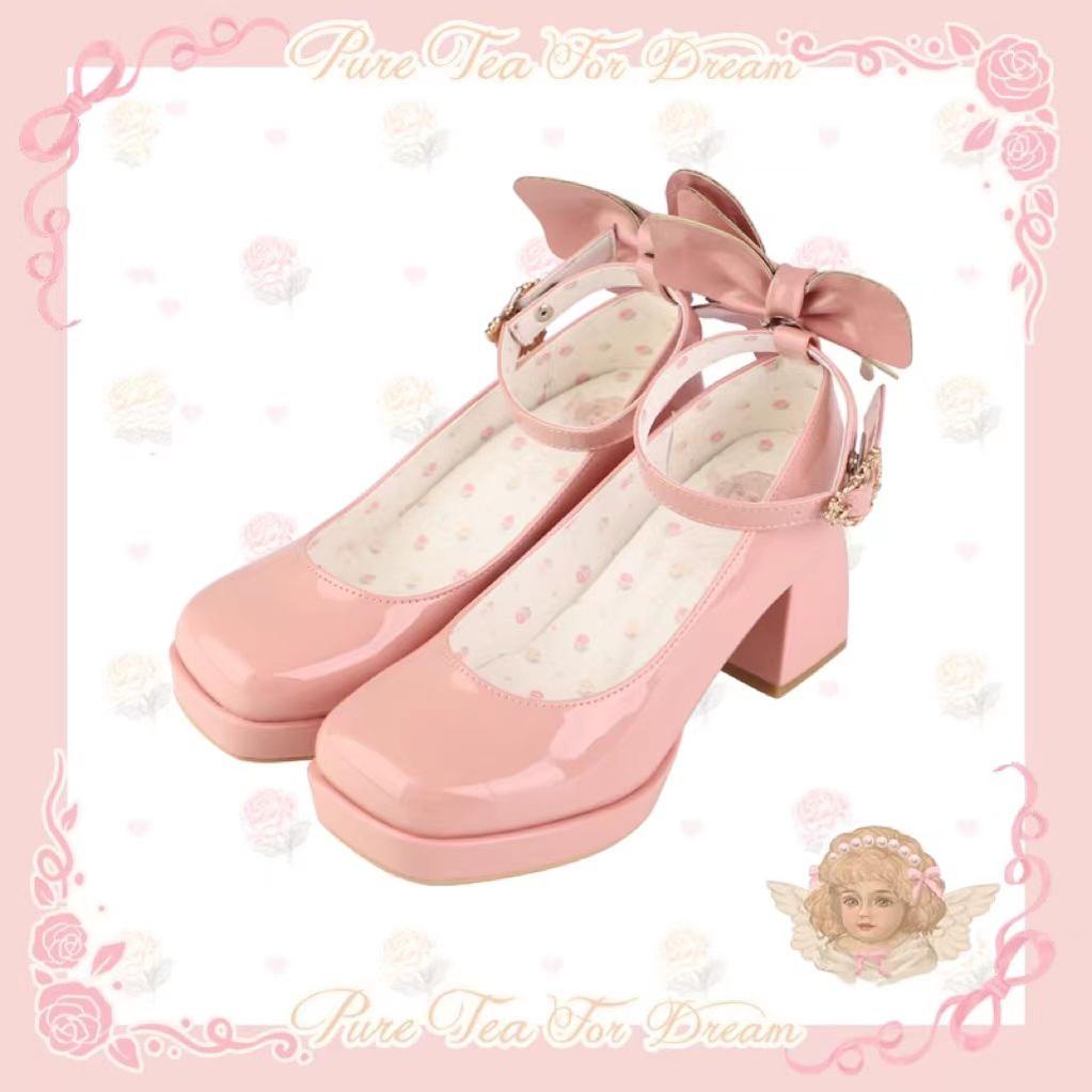 Pure Tea For Dream~Untouchable Butterfly~Elegant Lolita Heels Lolita Shoes PU Shining Platform 34 Maiden Pink (Mid-Heel) 