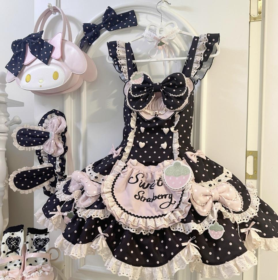 Salty Cream - Strawberry Polka Dot - Sweet Lolita JSK Dress Suit, Detachable Apron (L M S XL XS) 43897:789448