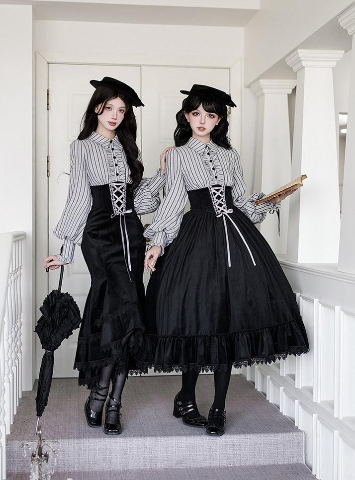 Dusk Moment - Classic Lolita Striped OP & Mermaid Dress Set, Fishbone Waist 44498:810700