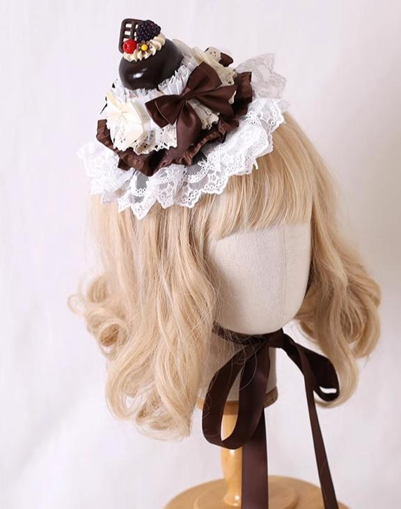 Xiaogui~Kawaii Lolita Hairpin Lace Cake Small Top Hat Rice-coffee with white lace  