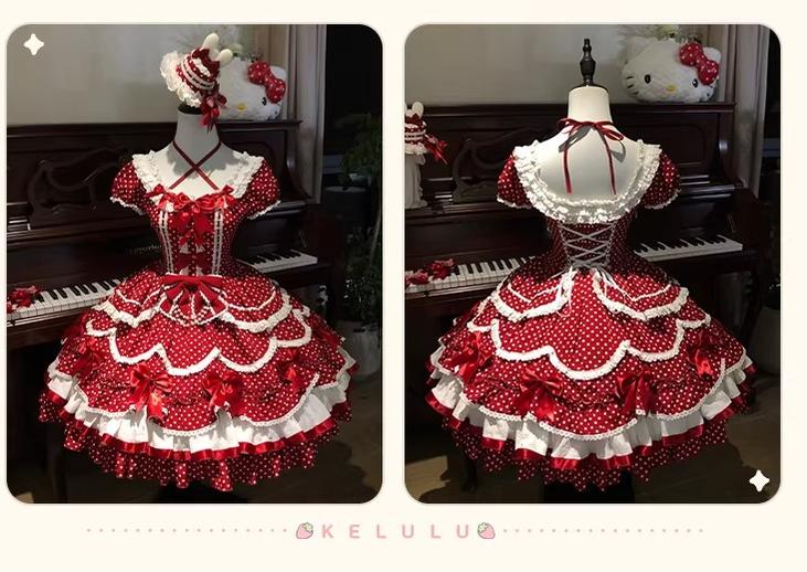Berry Dew Drops - Red Old School Lolita OP Dress, Polka Dot