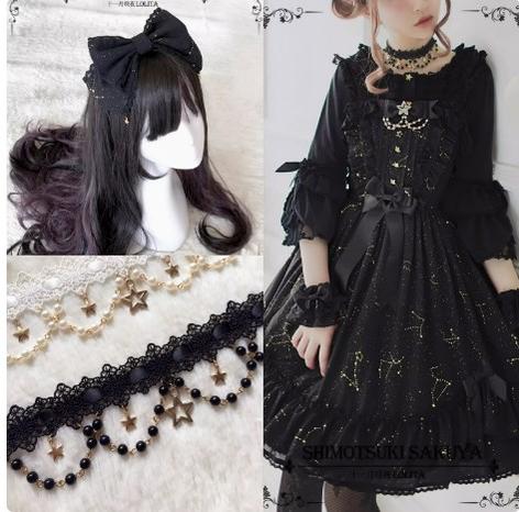 Sakuya Lolita~Whisper Of Stars~Constellation Foil Printing Elegant Lolita High Waist JSK Dress Black Regular Waist JSK + KC +Black choker Star Lace Hem Dress (without blouse) 