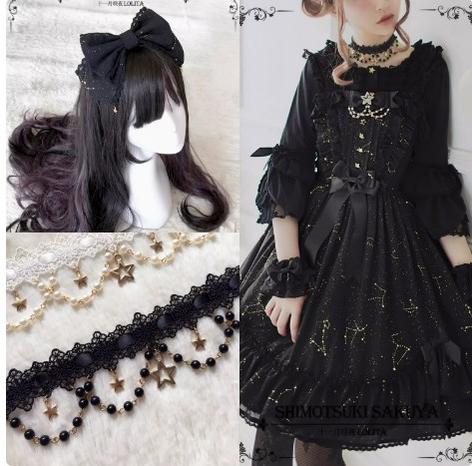Sakuya Lolita - Whisper Of Stars - Constellation Foil Printing Elegant Lolita High Waist JSK Dress Black Regular Waist JSK + KC +Black Choker Star Lace Hem Dress (without blouse)