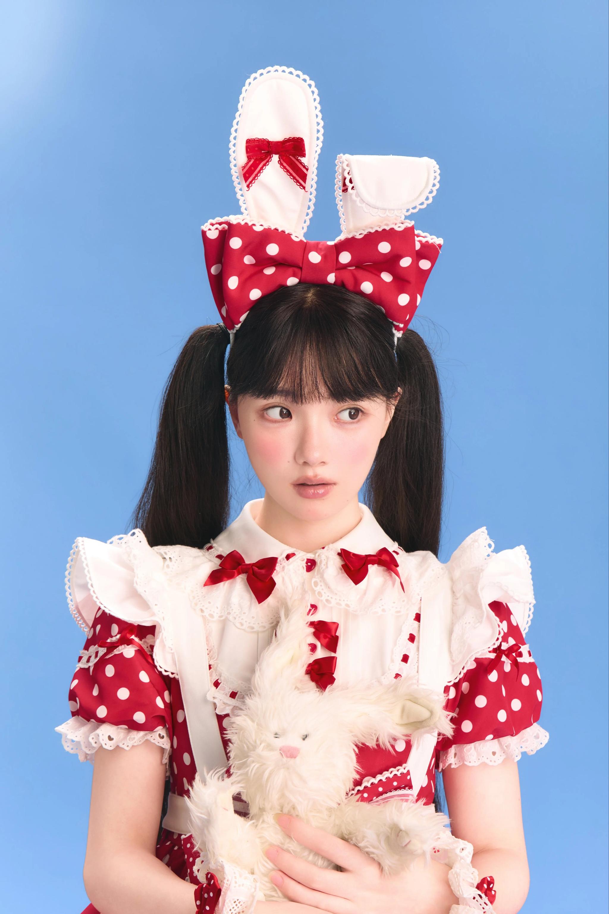 Bunny Kissaten - Four Colors Old School Lolita Polka Dot OP, Bunny Ear Apron 45824:864355