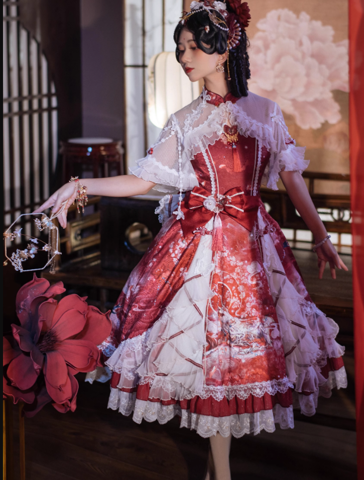 (Buyforme)Two Rural Cats~Nine-Color Deer Chinese Style Lolita Dress  Set S red 