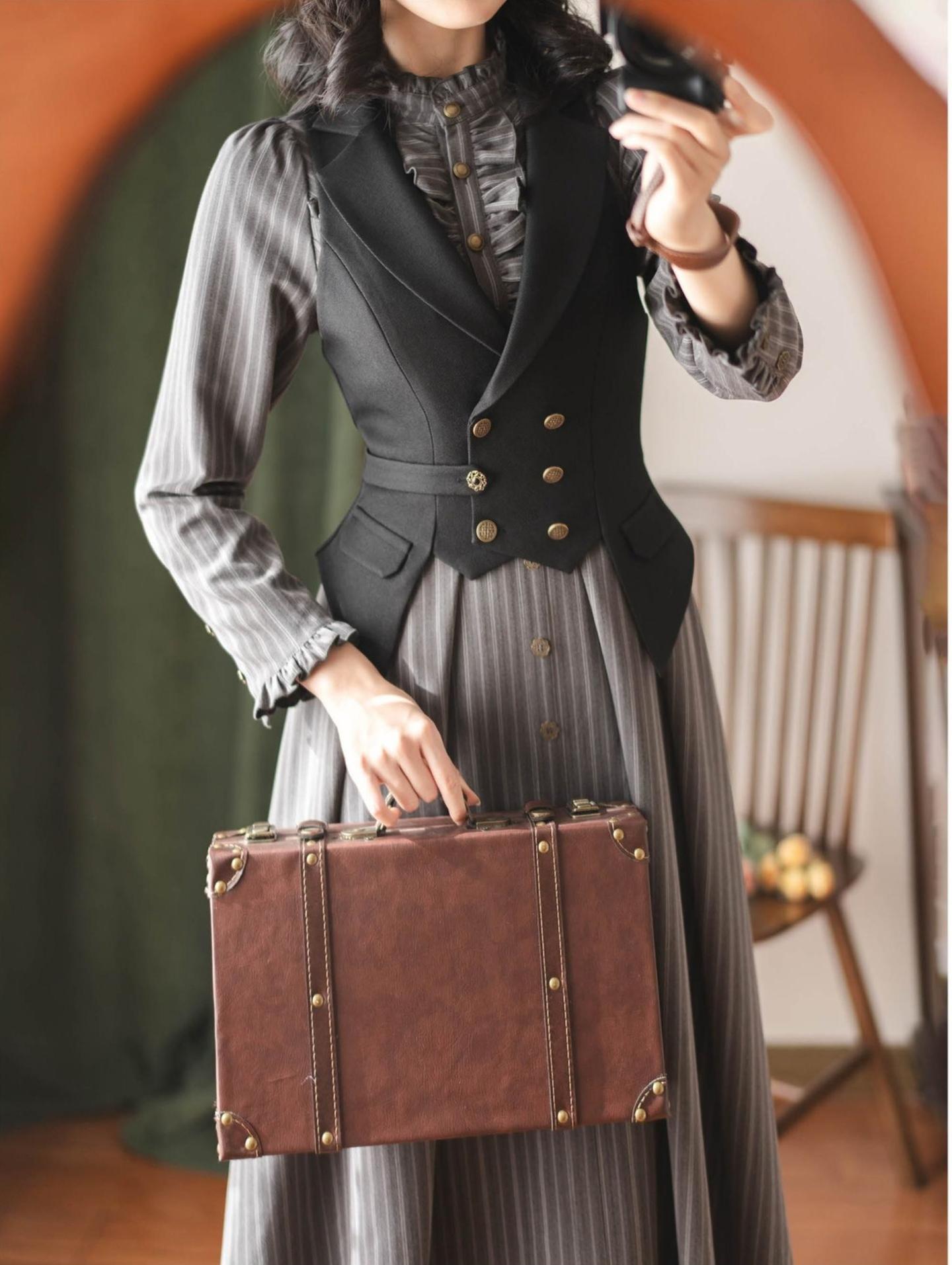 Forest Castle - Classic Lolita Long Striped Dress, Irregular Hem Vest 44441:809884