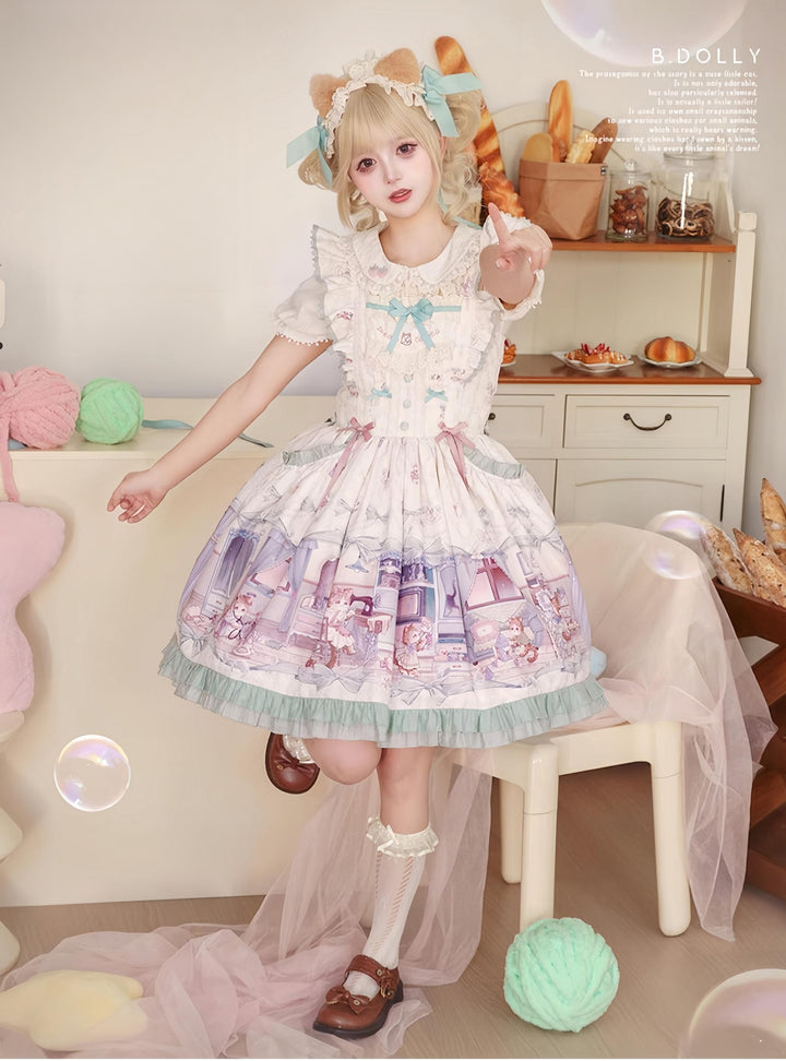 Baduoni~Dream Core Childhood~Kitty Printed Sweet Lolita JSK with Cute Headband