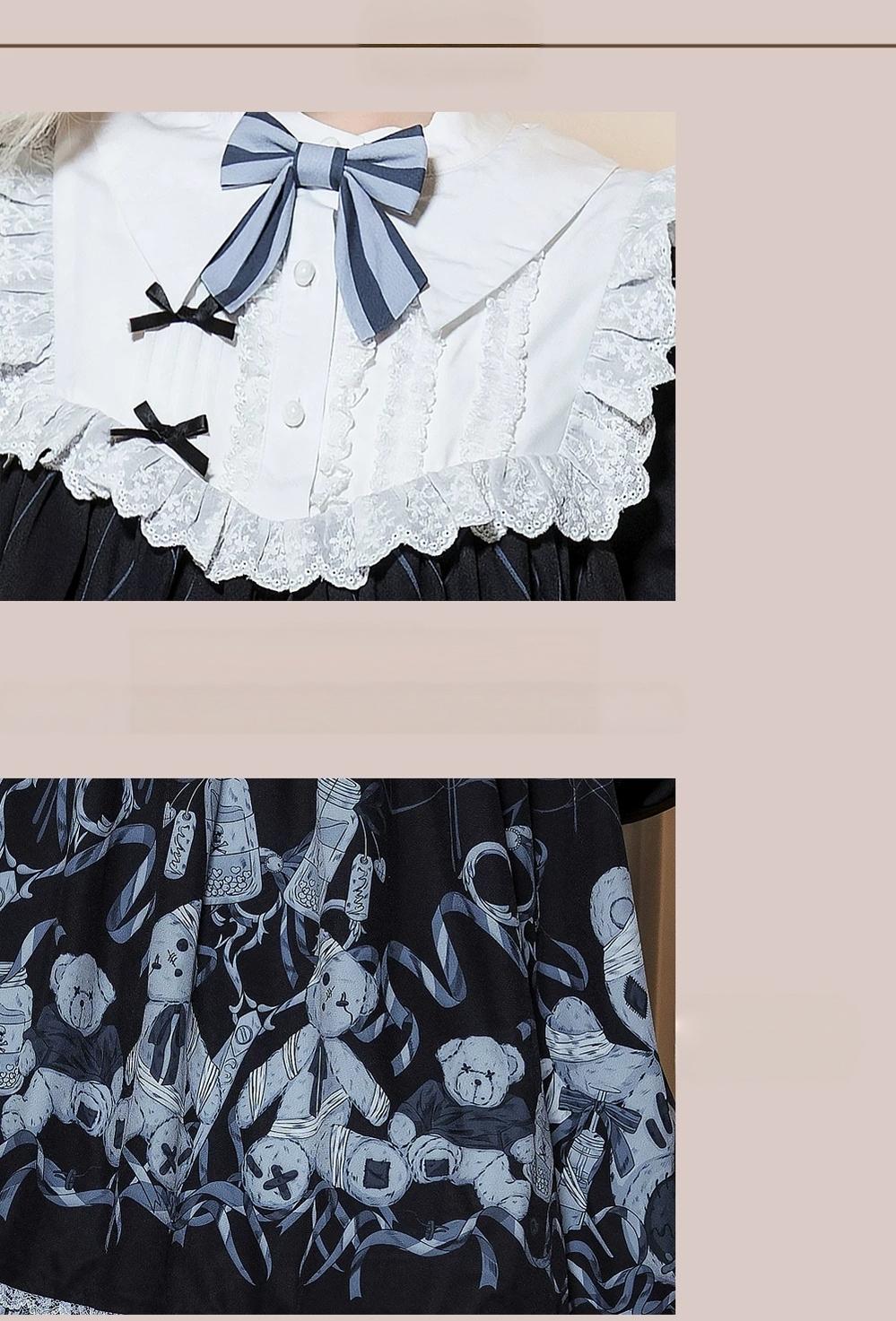 Bandage Bear - Gothic Lolita Long-Sleeve OP Dress, Teddy Bear Print 45908:867393