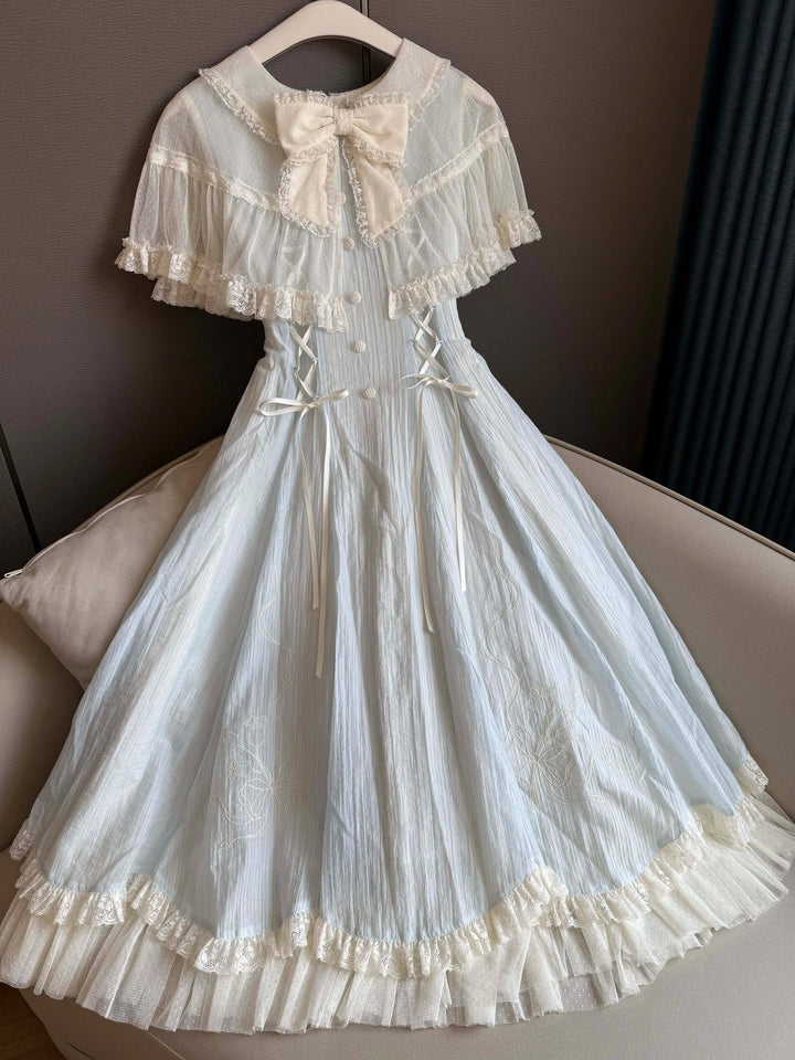 Kuma~Little Wind Chime~Elegant Lolita OP Water Blue Dress With Decorative Tulle Cape Water blue OP with a bow only XS