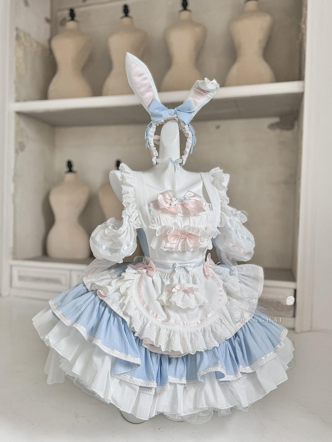 POSHEPOSE~Maid Bunny~Gorgeous Sweet Lolita OP Dress with Detachable Sleeves and Apron