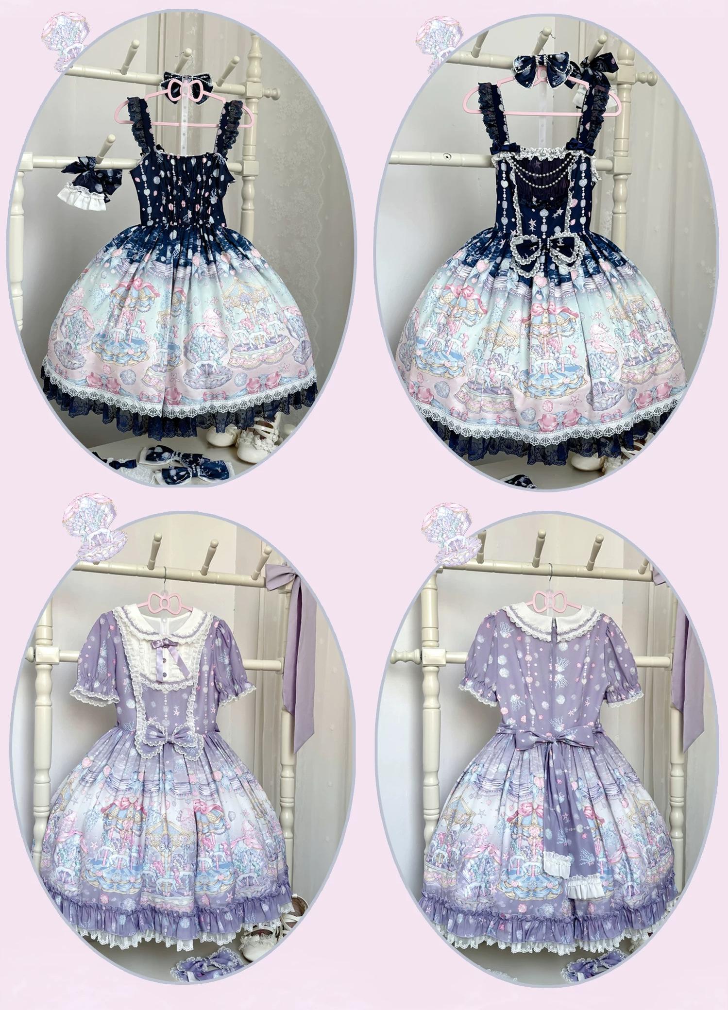 Glimmering Carousel - Sweet Lolita OP & JSK Dress Set, Ocean Carousel Print 45827:863945