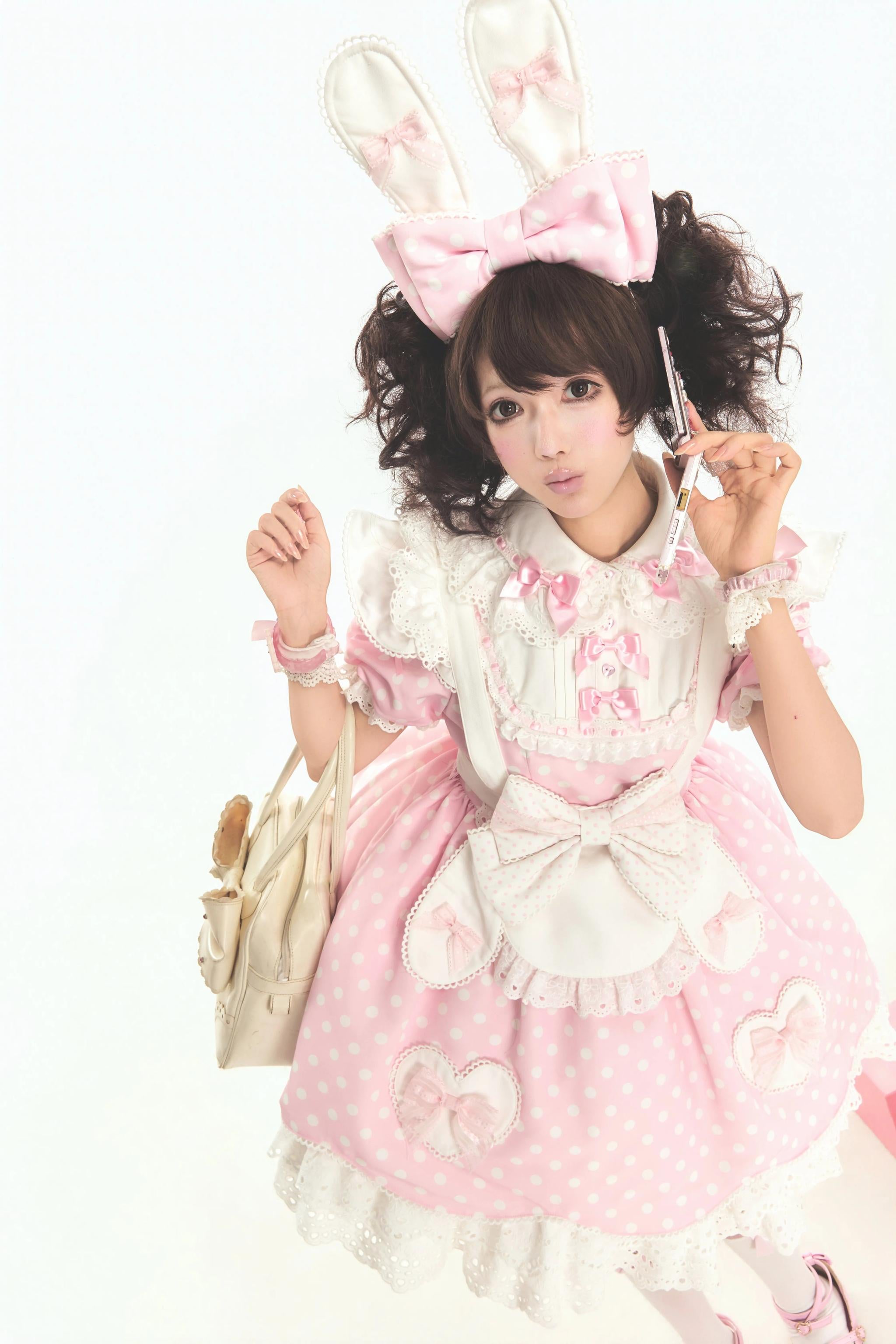 Bunny Kissaten - Four Colors Old School Lolita Polka Dot OP, Bunny Ear Apron 45824:864371